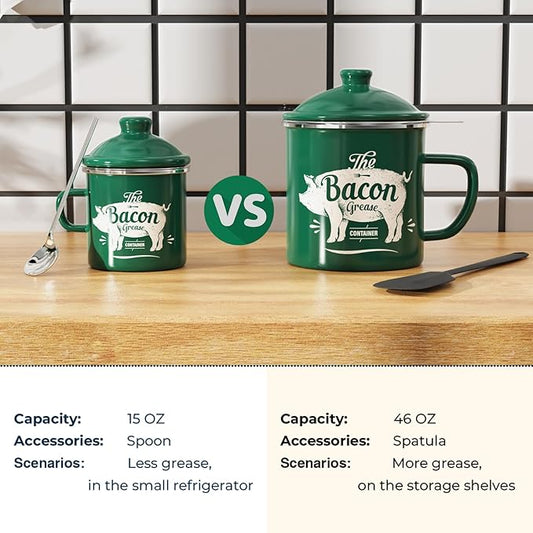 PGYARD Mini Bacon Grease Container With Strainer - 15OZ Enamel Grease Saver, Farmhouse Bacon Grease Keeper For Kitchen Fat Storage, Dishwasher Safe-Green