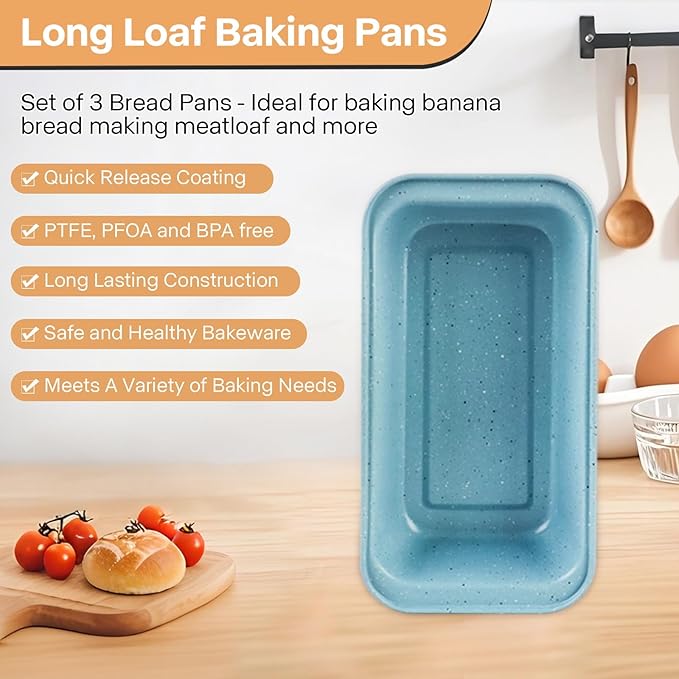 3-Piece Non Stick Bread Pans, 9x5 Inch Stackable Loaf Pan, Advanced Carbon Steel Bread Pans for Homemade Bread, Cakes, Lasagna, Sandwich - Oven-Safe & Easy Clean