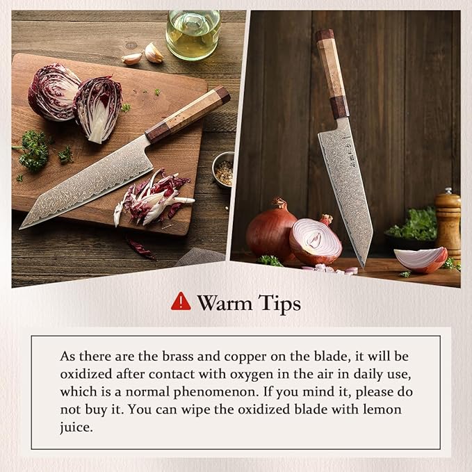 HEZHEN Kiritsuke Chef Knife,8.3 Inch, 37 Layers Tricolor Copper Damascus Steel-Japanese Damascus Knif- Professional Knife for Chefs&Home Cooking-Razor Sharp,Sycamore Wood Handle