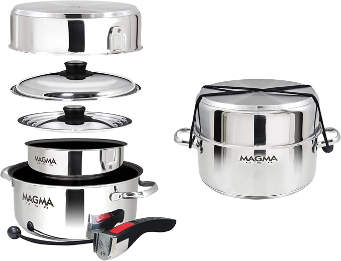 Magma 7 Piece Gourmet Nesting Stainless Steel Cookware Set with Ceramica Non-Stick, Induction Compatible, Oven Safe to 500°F - Suitable for All Stovetops, Removable Handles, Stainless Steel