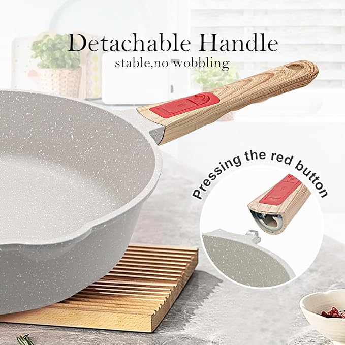 11 Inch Nonstick Deep Frying Pan with Lid, 4-Pc Set - (4.5 Qt Saute Pan with Lid, Steamer/Strainer Basket, Silicone Spatula), Skillet with Detachable Handle, Oven Safe, Non-Toxic