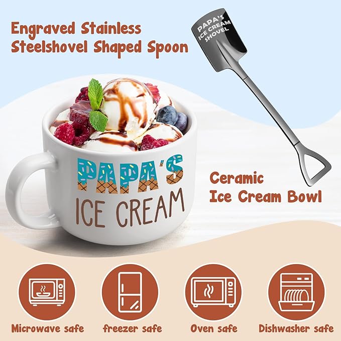 YEUYUQIU Papa Gifts for Grandpa - Christmas Gifts for Papa from Granddaughter Grandson, Ideal Birthday Gift for Grandpa - Papa's Ice Cream Bowl Shovel Set Present for Birthday Fathers Day Christmas