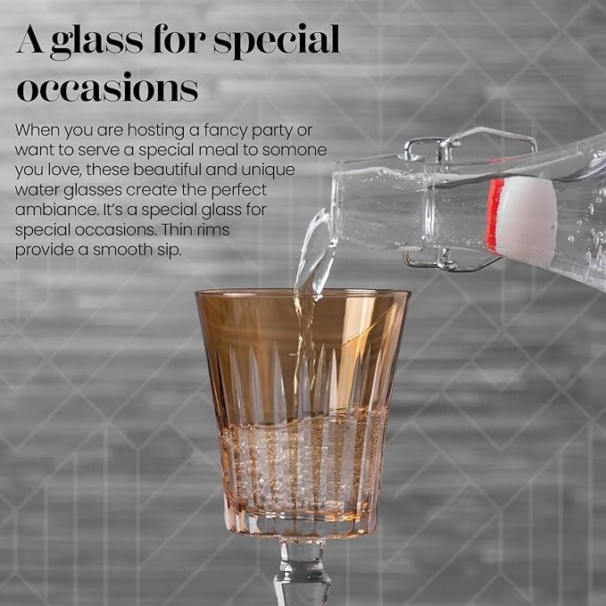 Vikko Water Glasses, Timeless Collection 8 Ounce Elegant Water Glass for Fine Dining, Set of 4 Amber Goblets with Stem, Dishwasher Safe