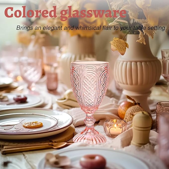 Pink Wine Glasses set of 6,colorful glass goblets made from Solid glass colors, Vintage Pink Glassware, Drinking glasses for Wedding, Birthday,Engagement or fancy glassware for everyday.