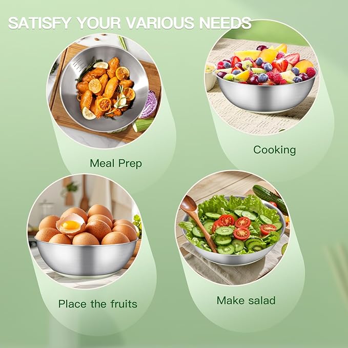 Stainless Steel Mixing Bowl Set - High - Quality, Durable and Rust - Resistant for Baking, Cooking, and Salad Making,Kitchen meal preparation,Great for Mixing & Serving,Anti slip silicone rubber base