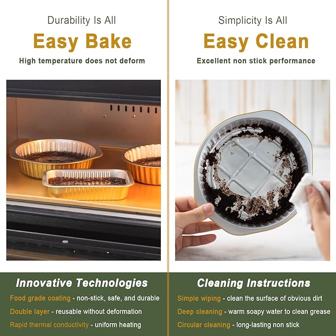 10.5" Extra-Deep Aluminum Foil Pans with Integrated Handles and Snap-On Lids (5 pcs) | 2X Thickness Heavy-Duty Reusable Tin for Baking and Cooking