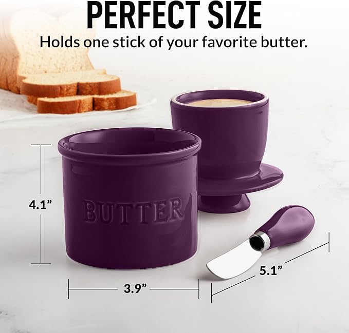 Zulay Kitchen Butter Crock With Lid & Spreader Knife for Countertop - Ceramic French Butter Dish Keeper For Fresh & Spreadable Butter - Purple