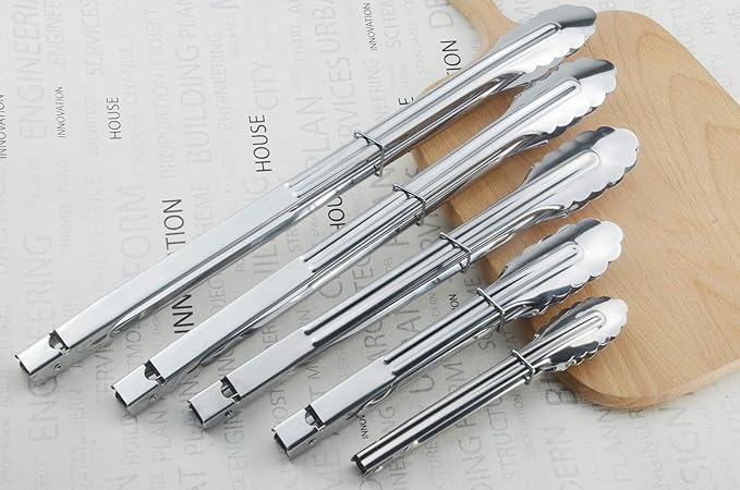 Stainless Steel Spring Locking Food Tong Set Utility Metal Tongs for Serving Cooking Grilling and Barbeque (9 12 14 Inch 3 Pieces)