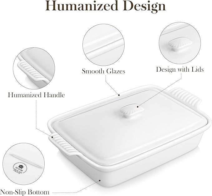 MALACASA 3.4 Quart Baking Dish With Lid, Porcelain Casserole dish with Lid, 13 x 9 Lasagna Pan Deep with Lid, Rectangular Bakeware With Handle, Microwave, Oven Safe, White, Series BAKE