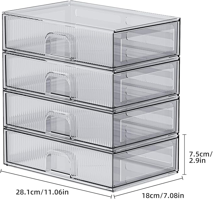 ZHIAI Stackable Storage Drawer, 4 Piece Acrylic Organiser for Cosmetics and Beauty Products, Suitable for Dressers, Bathrooms, Cabinets, Storage Rooms, Bedrooms and Home Organisers