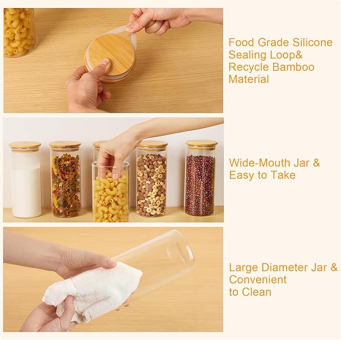 umieo Large Glass Flour and Sugar Containers 50oz Set of 2, Glass Jar with Airtight Lids, Clear Storage Containers with Bamboo Lids for Rice, Oat, Nuts, Candy, Cereal, Coffee, Beans