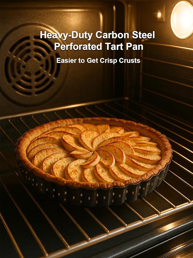 9 Inch Perforated Tart Pan for Crispy Crust w/Pie Cake Server. Removable Bottom, Non-Stick Coating, Rugged Carbon Steel for Tart Quiche Baking. Gift for Women Christmas Thanksgiving Party