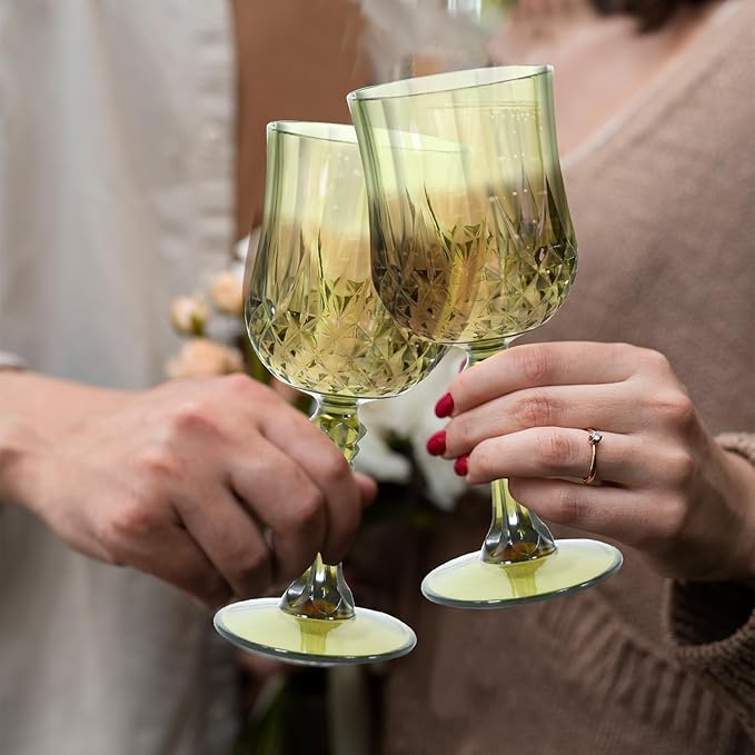 48 Pcs Plastic Green Wine Drinking Glasses, Plastic Water Goblets Green Vintage Reusable Drinkware Vintage Champagne glassware for Wedding Reception Grand Event Party, 7oz