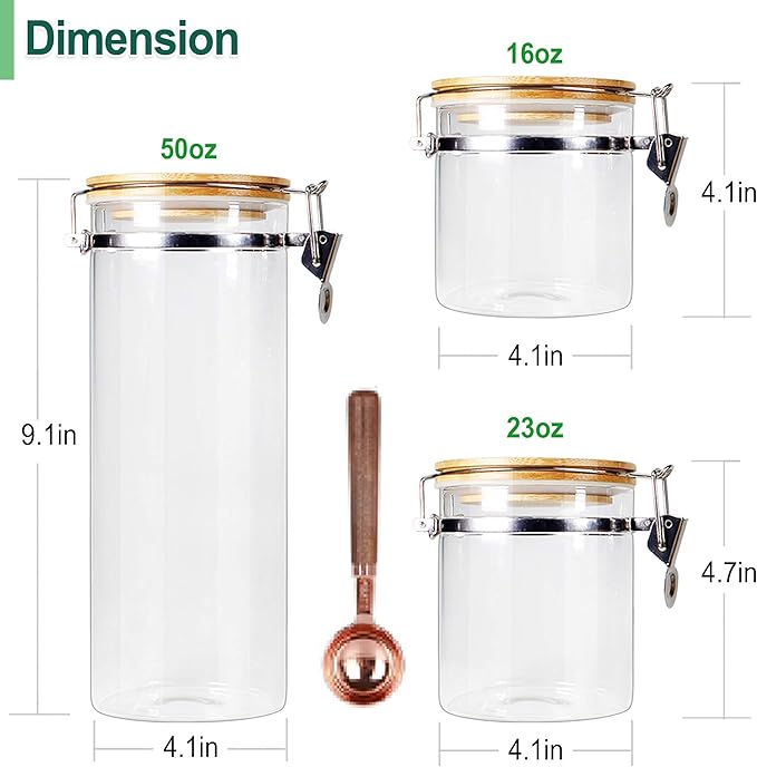 Urban Green Borosilicate Glass Storage Jars with Airtight Locking Clamp Lids, Airtight Canister Set,Coffee Set of 3 with Spoon (50oz, 24oz, 18oz), Storage Containers with Bamboo Lid