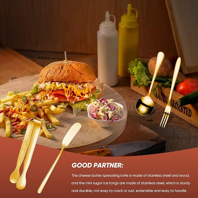 Patelai Cheese Butter Spreader Knives Set Charcuterie Accessories Stainless Steel Spreader Knives Charcuterie Boards Utensils Mini Serving Tongs Spoons and Forks for Appetizers Pastry(Golden)