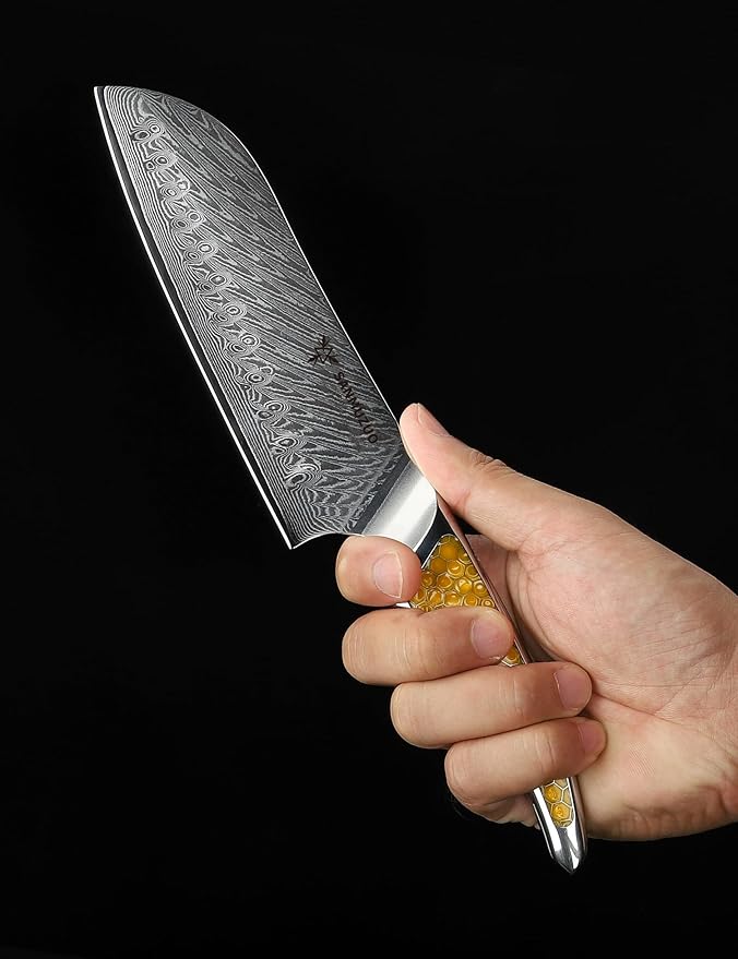 7 inch Santoku Knife, Japanese VG-10 Damascus Steel Chef Knife, Ultra Sharp Kitchen Knife with Full-tang Handle in Yellow Resin, LA-S9 Series