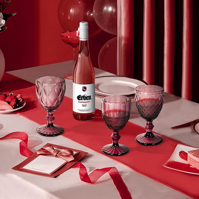 Vintage Wine Glasses Set of 6, 12 OZ Colored Glass Water Goblets, Embossed Floral Decorative Crystal Glass Cups Set, Dishwasher Safe, for Wedding, Party, Red Wine Glass, Bars, Restaurants