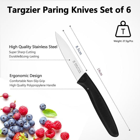 Paring Knife Set of 6,Premium Paring Knives,Stainless Steel Vegetable&Fruit Knifes,Sharp Small Knife Set,Straight Edge Paring Knives Set,PP Plastic Handle Paring Knifes,Black Peeling Knives