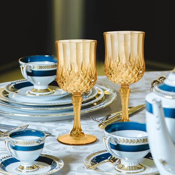 12 Pcs Plastic Amber Wine Drinking Glasses, Plastic Vintage Gold Champagne Vintage Wine Glasses, Unbreakable Goblets for Parties Wedding, Party, Red Wine Glass, Bars, Restaurants, 7Oz