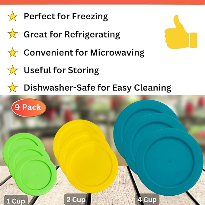 1, 2 & 4 Cup Spring Green, Yellow, Turquoise Replacement Lids/Covers for Pyrex, Anchor Hocking & KlareWare Storage Bowls *Lids Only Glass Container Not Included* (9 Pack *Three of Each Size*)