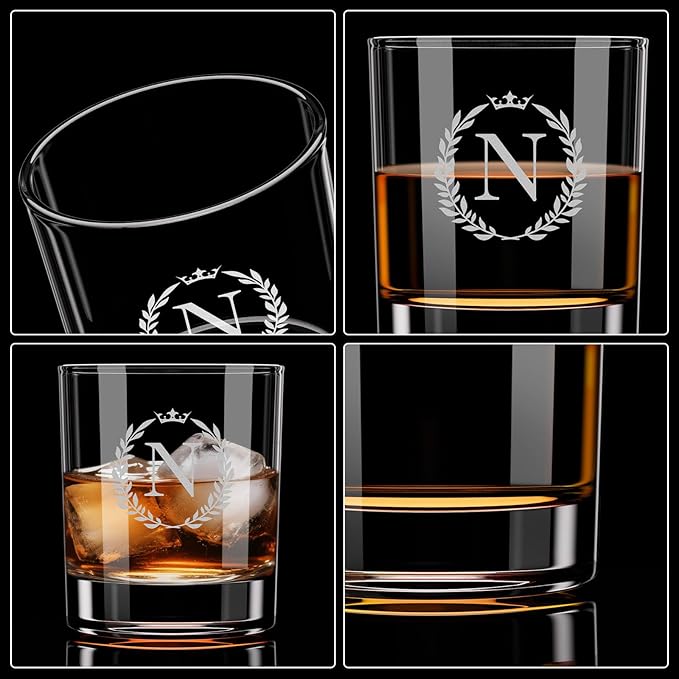 Personalized Whiskey Glasses Gifts for Men, Monogrammed Engraved A-Z 10.6 oz Rocks Glass Customized Gift, Unique Christmas Birthday Gifts for Men Him Dad Husband Brother Son (N)