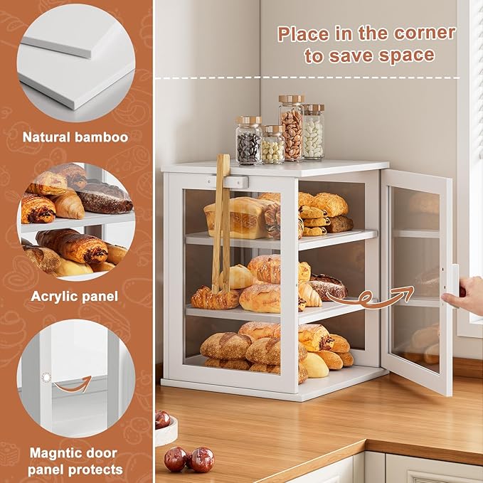 WOWLIVE Bread Box for Kitchen Countertop, Large 3 Layers Bread Storage Container for Homemade Bread with Window, Farmhouse Breadbox Organizer for Kitchen, Cabinet, Pantry (White, Extra Large)