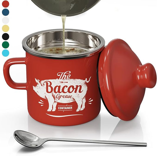 PGYARD Mini Bacon Grease Container With Strainer - 15OZ Enamel Grease Saver, Farmhouse Bacon Grease Keeper For Kitchen Fat Storage, Dishwasher Safe-Red