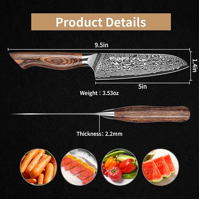 KINGOD Santoku 5 inch Chef Knife, Small Kitchen Knife, High Carbon Stainless Steel with VG10 Core, Ergonomic Wood Handle, Home or Restaurant