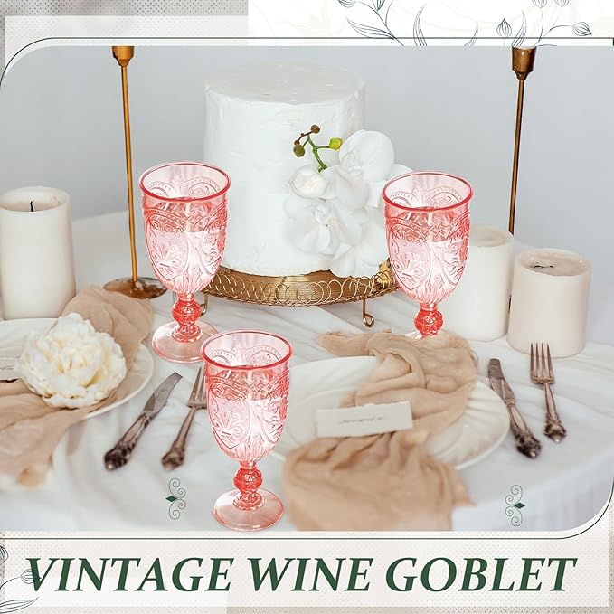 6 Pcs Plastic Goblets 7.5oz Vintage Goblet Plastic Wine Glasses Colored Retro Embossed Water Goblets for Wine Bar Juice Baby Shower Wedding Reception Grand Event Party (Pink)