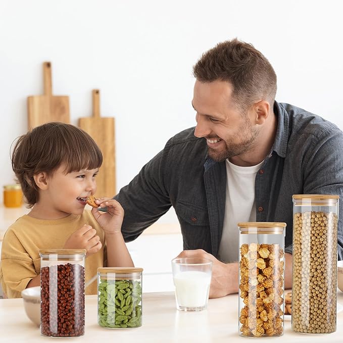 36 Pcs Glass Storage Jars with Wooden Lids, 4 Sizes Food Storage Containers Clear Stackable Canisters Airtight Glass Jars for Candy Cookie, 3.4''x4'', 6'', 7.9'', 9.8''