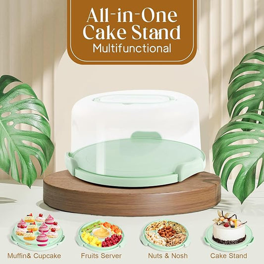 Cake Carrier with Lid and Handle, Cake Stand Cupcake Containers for 10 inch Cake with 2 Handles Cupcake Holder, 3 in 1 Transport Storage Container for Cake Pie Muffin Pizza,Green Round Cake Carriers