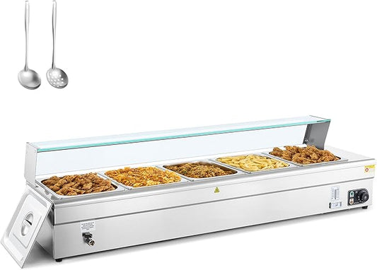 WILPREP Commercial Food Warmer with Five 1/2 Pans, Electric Warmer for Food with Sneeze Guards Adjustable Temp. & Auto Shutoff, Stainless Steel Food Heating Unit for Buffet Food Truck Hotel Catering