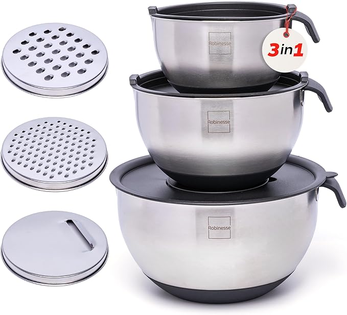 Stainless Steel Mixing Bowls Set of 3, Large Nesting Bowls with Airtight Lids for Food Prep, Cooking, Baking, Salad, and Outdoor Dining (Black, 3 Pcs)