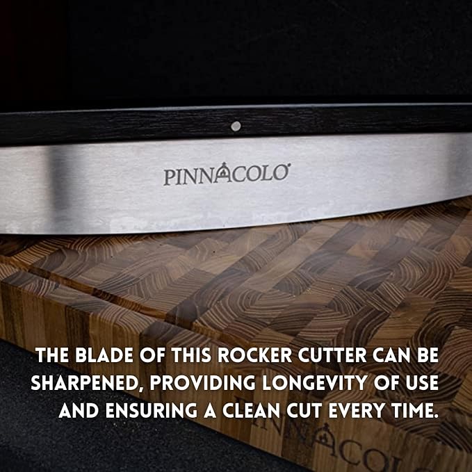 14 Inch Sharpenable Rocker Cutter with Wood Top - Stainless Steel Blade for Chopping and Slicing Vegetables, Meat, and Pizza