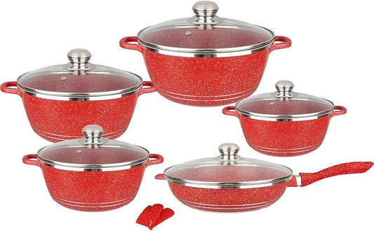 Nonstick Granite Cookware Set - 10-Piece Marble Coated Pots and Pans with Glass Lids, Including Saucepans and Frying Pan, Stylish Red Variety for Home Kitchen