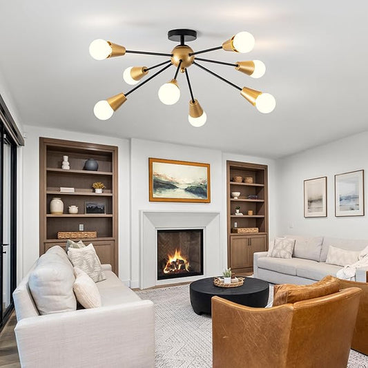 Modern Sputnik Ceiling Light Fixture,8-Lights Black and Gold Sputnik Chandeliers, Industrial Metal Semi Flush Mount Ceiling Light Fixture for Bedroom Hallway Entryway Kitchen