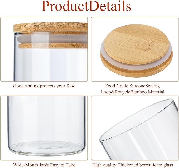 24 Pcs Glass Storage Jars with Wooden Lids, 4 Sizes Food Storage Containers Clear Stackable Canisters Airtight Glass Jars for Candy Cookie, 3.4''x4'', 6'', 7.9'', 9.8''