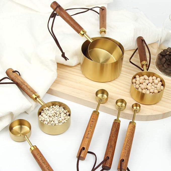 Gold Measuring Cup and Spoon Set - Stainless Steel Measuring Cups with Wooden Handles, 4 Measuring Cups and 4 Measuring Spoons, Suitable for Kitchen Baking and Cooking (8 Pcs)