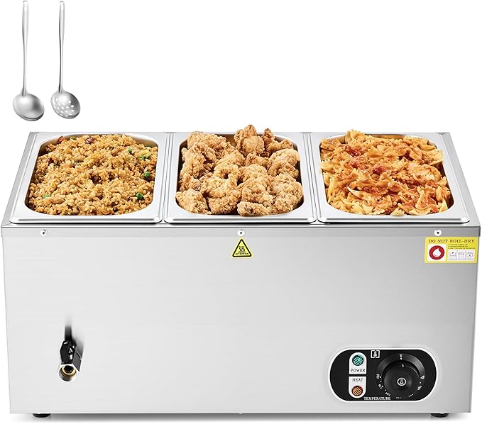 WILPREP Single-Well Commercial Food Warmer with Three 1/3 Pans, Electric Warmer for Food with Adjustable Temp. & Auto Shutoff, Stainless Steel Food Heating Unit for Buffet Food Truck Hotel Catering