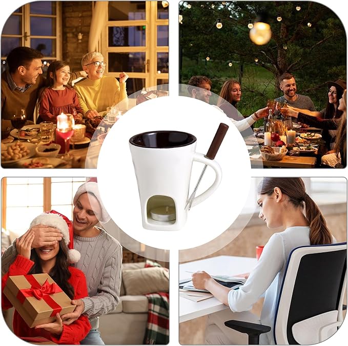 Fondue Mug Chocolate Melting Cup Cookware Candy Hot Pot, Personal Melted Chocolate Fondue Set Of 3, Ceramic Meltie Cup With Fork & Candle, Sweet Mugs For Cooks Kids Adults