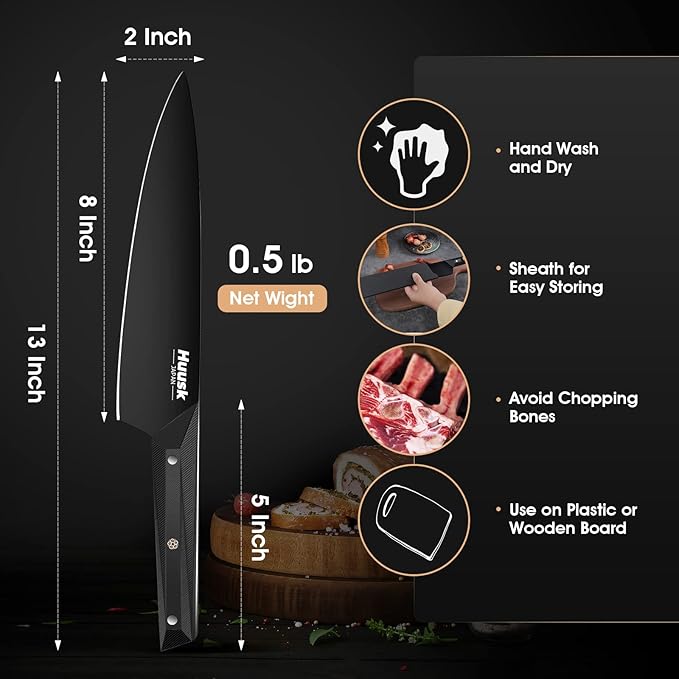 Huusk Japan Knife, AUS 8 Stainless Steel Japanese Chef Knife 8" Black Titanium Coated Blade Ergonomic G10 Handle with Sheath, Cool Gyuto Knife