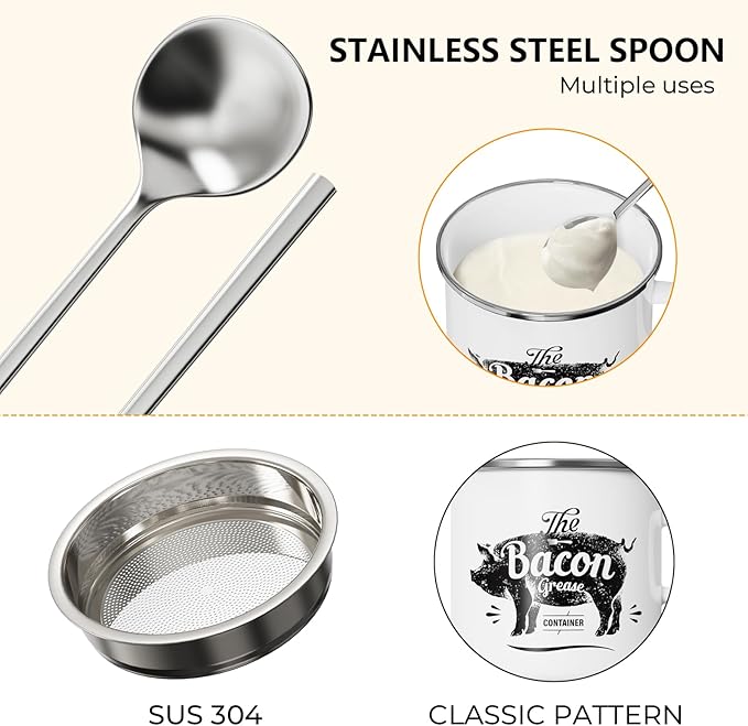 PGYARD Mini Bacon Grease Container With Strainer - 15OZ Enamel Grease Saver, Farmhouse Bacon Grease Keeper For Kitchen Fat Storage, Dishwasher Safe-White