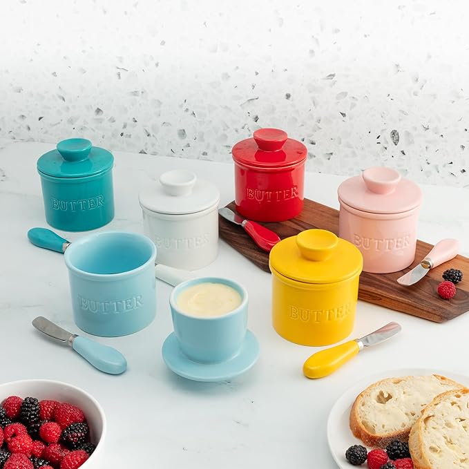 Zulay Kitchen Porcelain Butter Crock With Lid & Knife - Authentic French Butter Dish For Fresh & Spreadable Butter - Blue