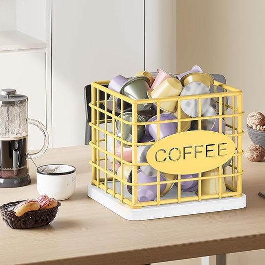 Coffee Pod Holder Organizer, Large Capacity Coffee Pod Basket for K Cup, Coffee Capsule Storage Basket with Wooden Base, for Kitchen Countertop, Gold and White KH10DW