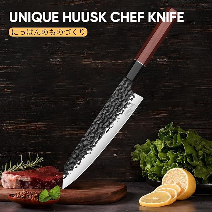 Huusk Japanese Kiritsuke Chef Knife - 8" Hand Forged Knives, 3 Layers 9CR18MOV High Carbon Kitchen Knife, Professional Sharp Cooking Knives with Ergonomic Handle for Meat, Vegetables, Fish