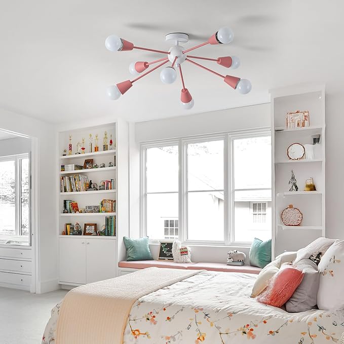 Pink Sputnik Chandelier Ceiling Light Fixture, 8-Lights Modern Sputnik Lights Fixture with E26 Base, Semi Flush Mount Ceiling Light for Bedroom Kitchen Dining Room Entryway