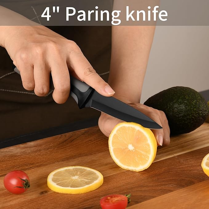 Kitchen Knife, 3-Pcs Black Knives Set with Multifunctional Kitchen Scissors, 6'' Santoku and 4'' Paring Knife for Chef Paring Cutting Slicing Dishwasher Safe (Anti-Slip Handle)
