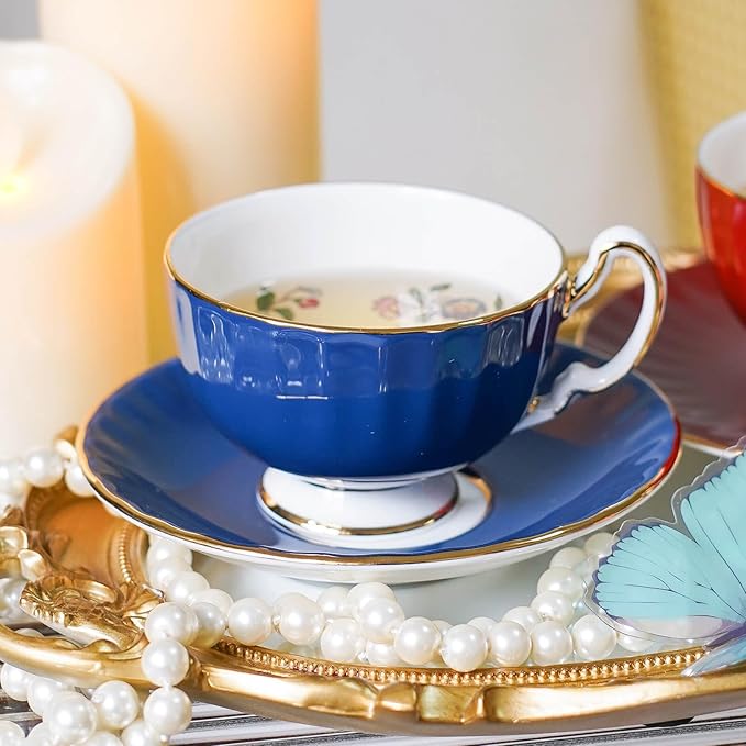 Aynsley Handpainting Colored Glaze Pembroke Oban Fine Bone China English Tea Cup and Saucer Set, 6.1 oz (Blue)