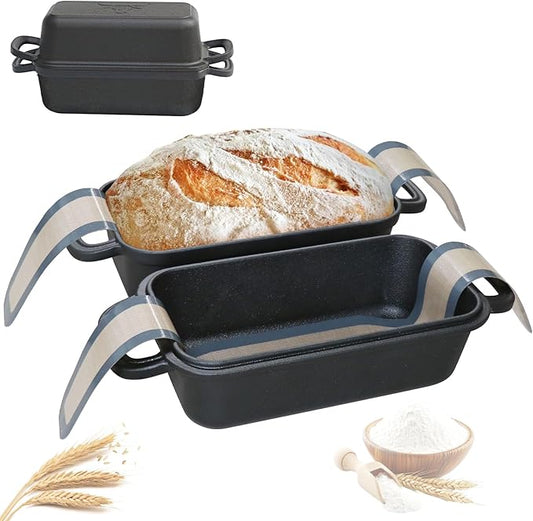 Cast Iron Bread Pan with Lid, Cast Iron Bread Loaf Pan with 2 Silicone Bread Mats, Sourdough Loaf Pan with Lid, Heavy Duty Loaf Pans for Oven Baking Bread, Bread Pans for Homemade Bread