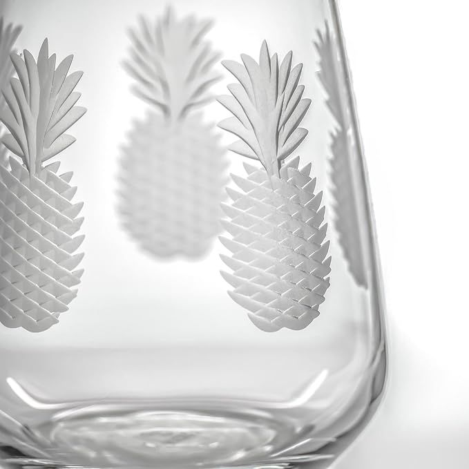 Rolf Glass Fresh Pineapple Stemless Wine Glass | 15.75oz Stemless Tumblers | Lead-Free and Diamond-Wheel Engraved | Tropical Coastal Etched Glassware with Pineapple Design | Set of 4